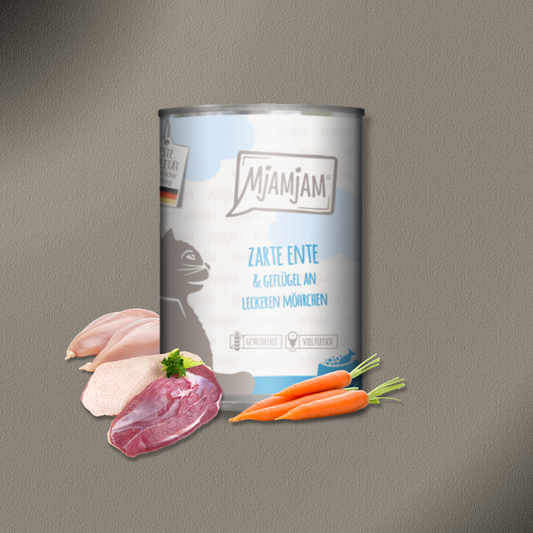24x400g MjAMjAM  Cat zarte Ente & Geflügel an leckeren Möhrchen