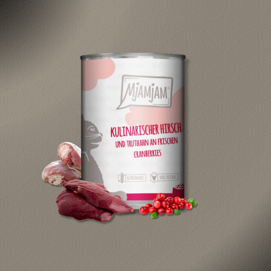 24x400g MjAMjAM Cat kulinarischer Hirsch und Truthahn an frischen Cranberries