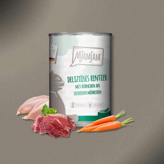 30x400g MjAMjAM Cat - deliziöses Rentier mit Hühnchen an leckeren Möhrchen