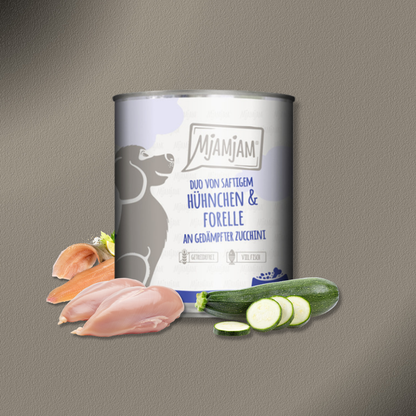 6x800g MjAMjAM Dog - Leckere Mahlzeiten - DUO saftigem Huhn & Forelle an gedämpfter Zucchini