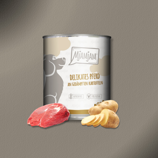 6x800g MjAMjAM Dog - Leckere Mahlzeiten - Delikates Pferd an gedämpften Kartoffeln