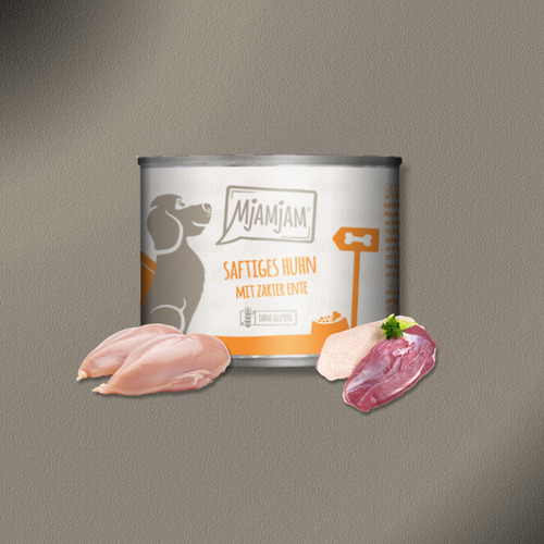 6x200g MjamJam Dog Leckere Mahlzeiten - saftiges Huhn mit zarter Ente an Möhrchen und gekochter Hirse