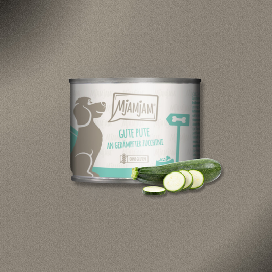 6x200g MjAMjAM Dog Leckere Mahlzeiten - Gute Pute an gekochtem Reis mit gedämpfter Zucchini