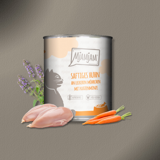 6x800g MjAMjAM Cat - saftiges Huhn an leckeren Möhrchen mit Katzenminze