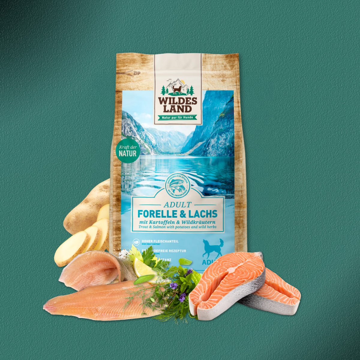 12kg Wildes Land Classic Adult - Forelle und Lachs mit Kartoffeln und Wildkräutern