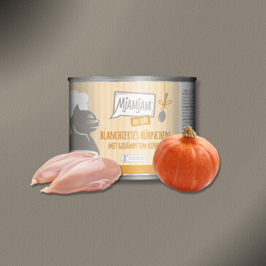 6x185g MjAMjAM Cat - blanchiertes Hühnchen mit gedämpftem Kürbis an Soße