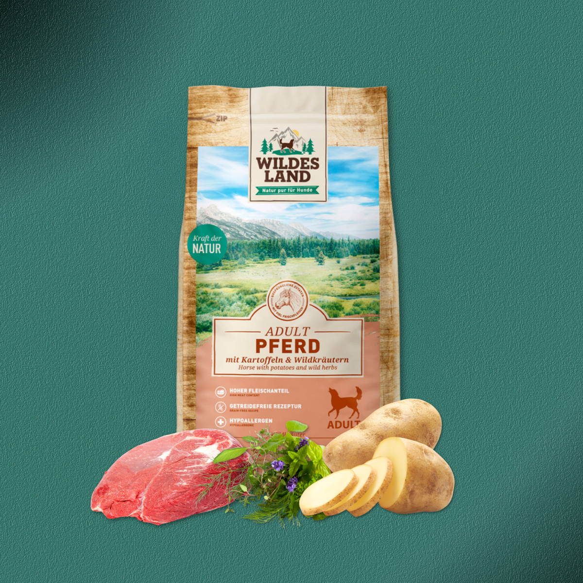 12kg Wildes Land Classic Adult - Pferd mit Kartoffeln und Wildkräutern