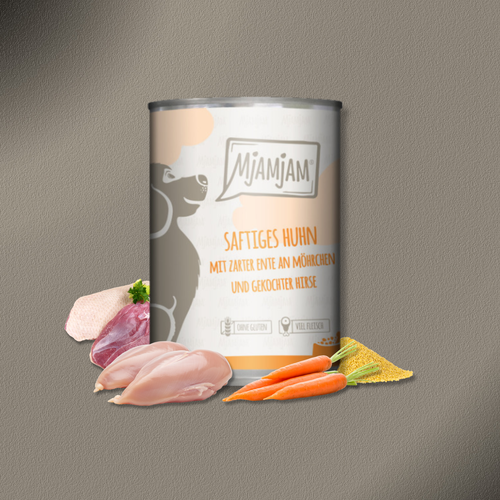 24x400g MjAMjAM Dog - saftiges Huhn mit zarter Ente an Möhrchen und gekochter Hirse