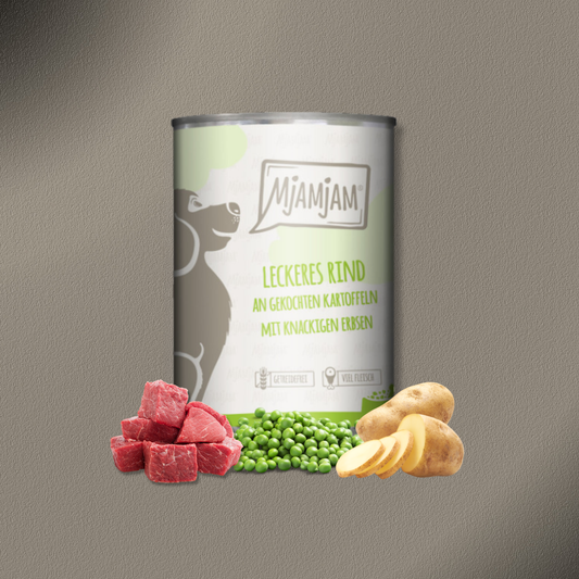 24x400g MjAMjAM Dog - leckeres Rind an gekochten Kartoffeln mit knackigen Erbsen