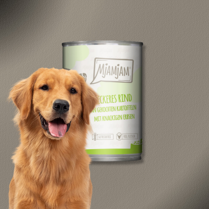 24x400g MjAMjAM Dog - leckeres Rind an gekochten Kartoffeln mit knackigen Erbsen