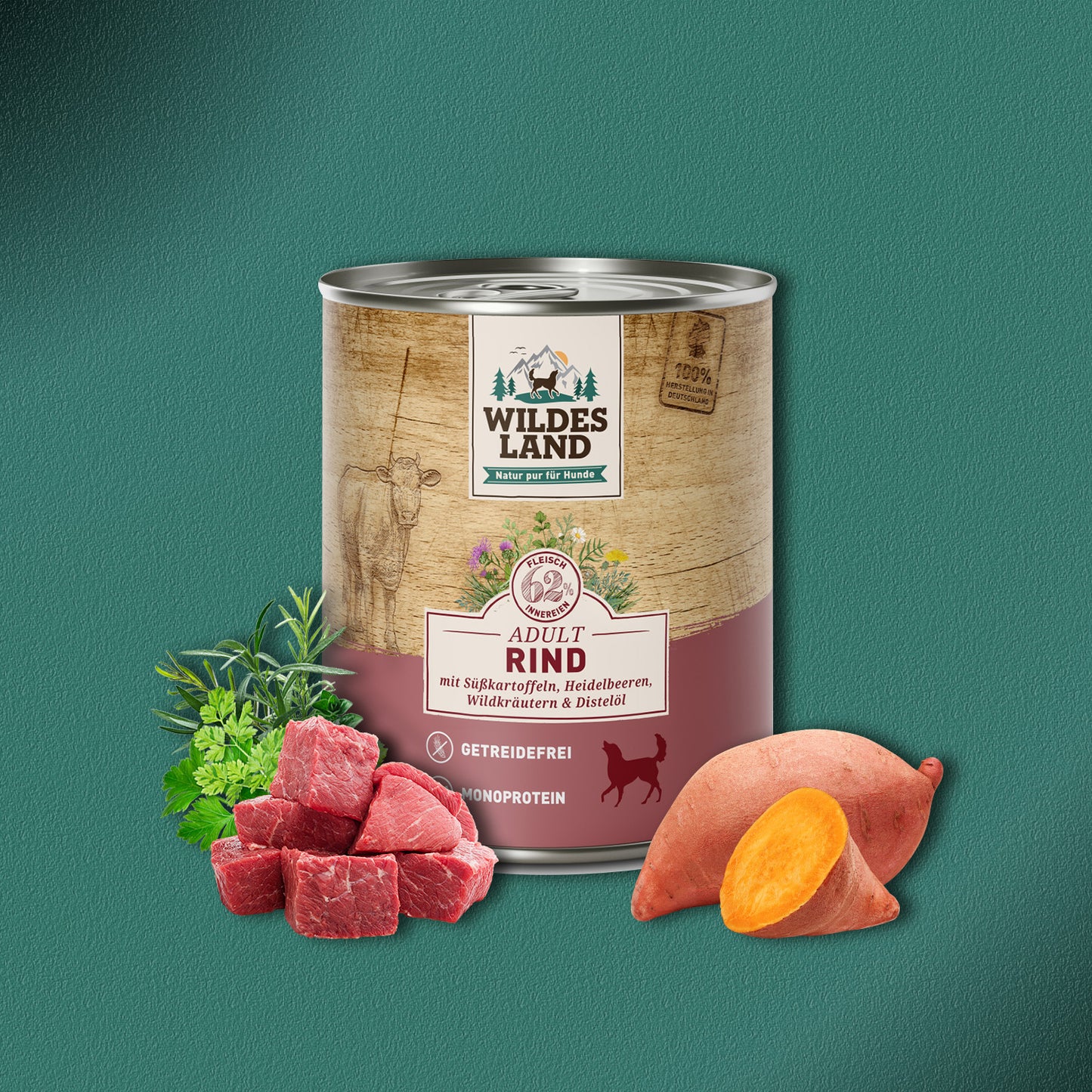 30x800g Wildes Land Adult Rind mit Süßkartoffeln, Heidelbeeren, Wildkräutern & Distelöl