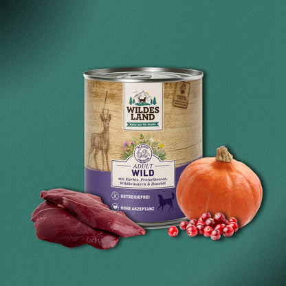 30x800g Wildes Land Adult Wild mit Kürbis, Preiselbeeren & Wildkräutern
