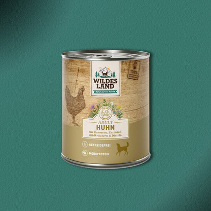30x800g Wildes Land Adult Huhn mit Karotten, Zucchini, Wildkräutern & Distelöl
