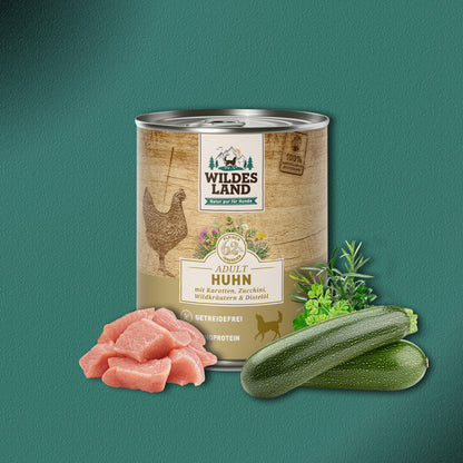 30x800g Wildes Land Adult Huhn mit Karotten, Zucchini, Wildkräutern & Distelöl
