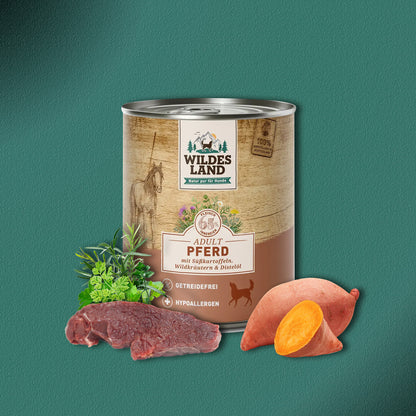 30x800g Wildes Land Adult Pferd mit Süßkartoffeln, Wildkräutern & Distelöl