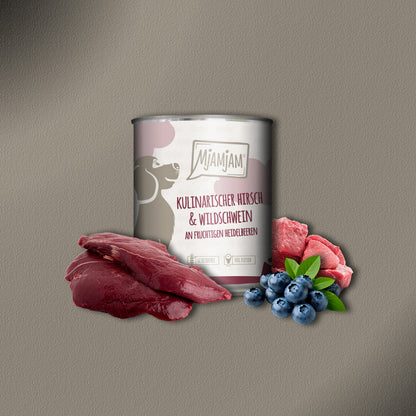 30x800g MjamMjam Kulinarischer Hirsch & Wildschwein an fruchtigen Heidelbeeren