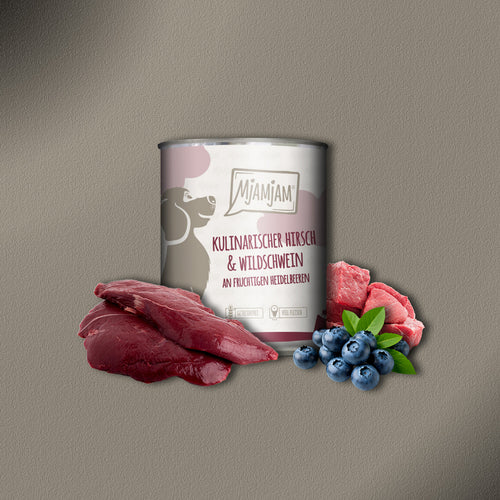 30x800g MjAMjAM Kulinarischer Hirsch & Wildschwein an fruchtigen Heidelbeeren