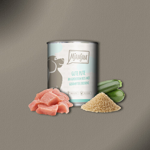 30x800g MjAMjAM Gute Pute an gekochtem Reis mit gedämpfter Zucchini