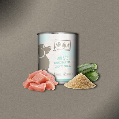 30x800g MjamMjam Gute Pute an gekochtem Reis mit gedämpfter Zucchini