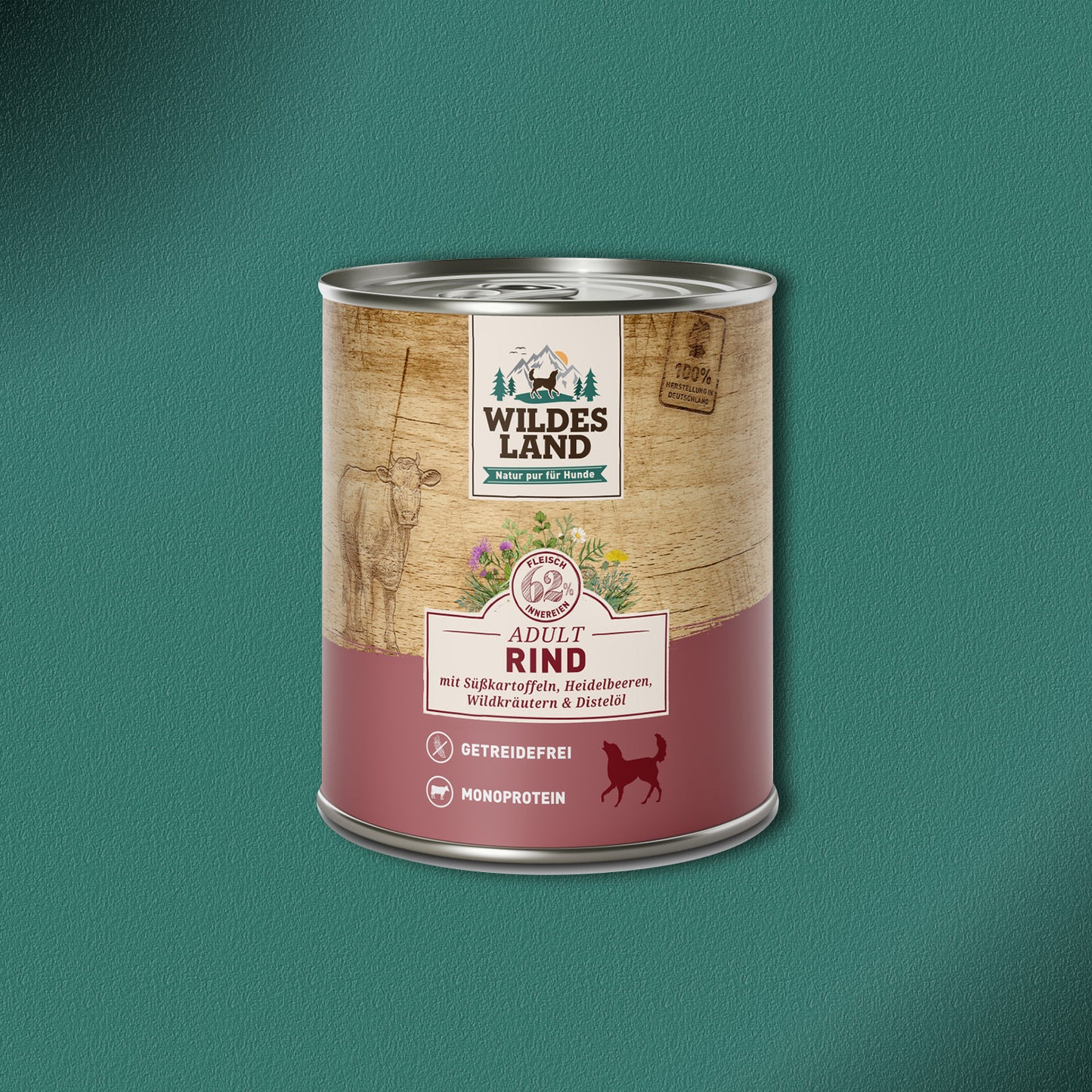 30x800g Wildes Land Adult Rind mit Süßkartoffeln, Heidelbeeren, Wildkräutern & Distelöl