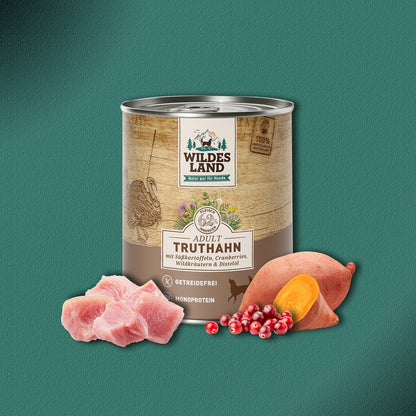30x800g Wildes Land Adult Truthahn mit Süßkartoffeln, Cranberries & Wildkräutern