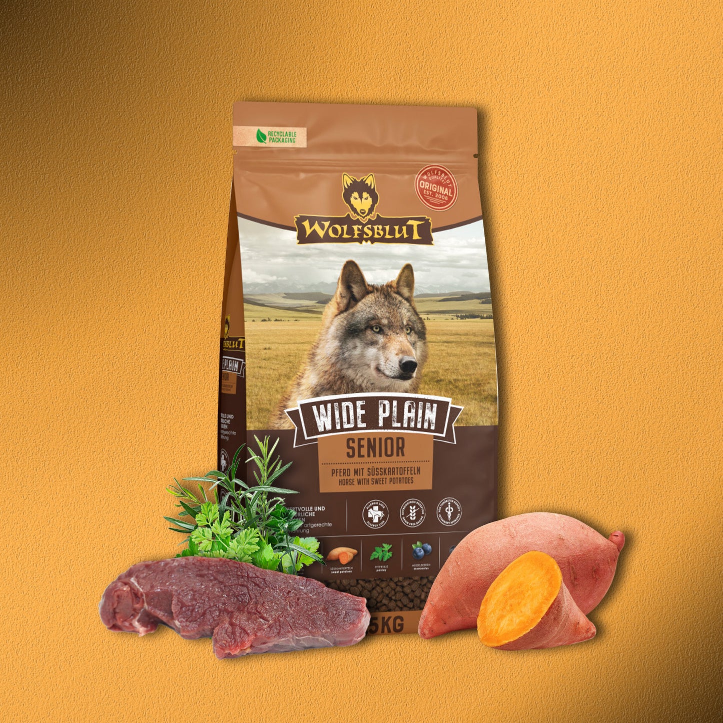 2x12,5kg Wolfsblut Wide Plain Senior – Pferd mit Süßkartoffeln