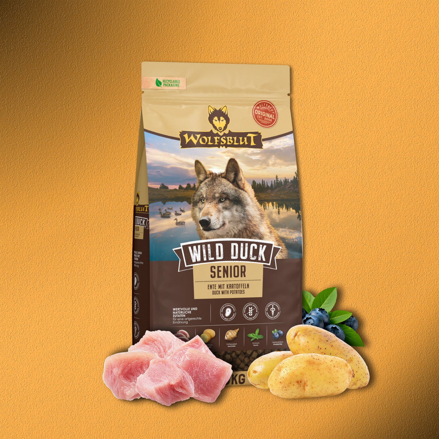 2x12,5kg Wolfsblut Wild Duck Senior – Ente mit Kartoffeln